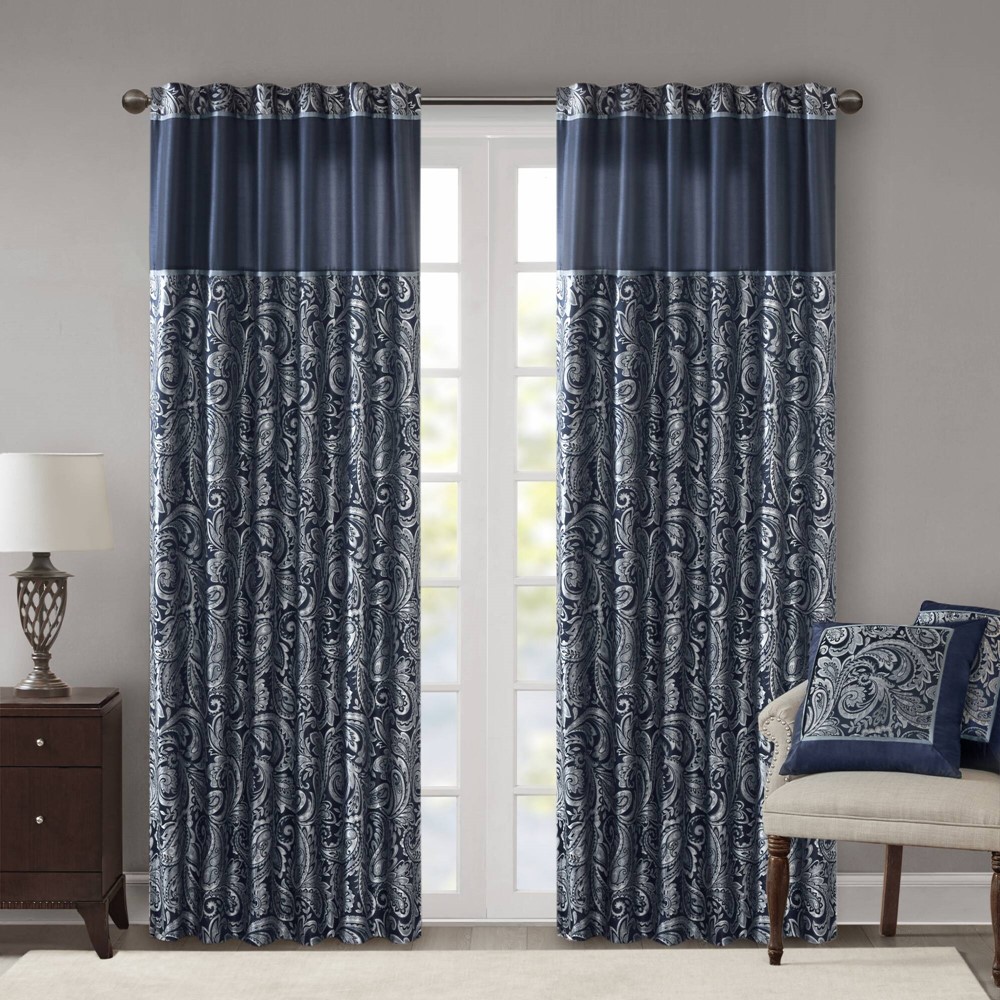 Madison Park Aubrey Jacquard Curtain Panel Pair in Navy, 50x95" MP40-4897