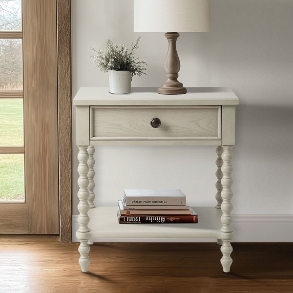Madison Park Signature Beckett Turned Wood Spindle Nightstand with Drawer & Shelf in Antique Cream, One Size MPS136-0288 - Image 4