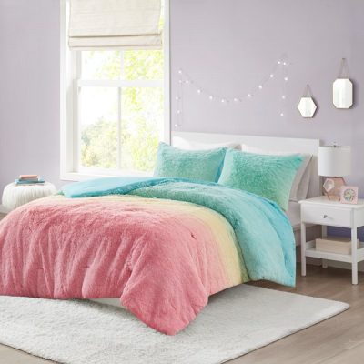 Mi Zone Primrose Ombre Shaggy Faux Fur Comforter Set in Aqua Multi, Twin/Twin XL MZ10-0648