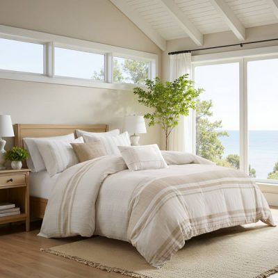 Harbor House Blue Morgan 5 Piece Cotton Jaquard Duvet Set in Ivory/Taupe, King/Cal King HH12-1992