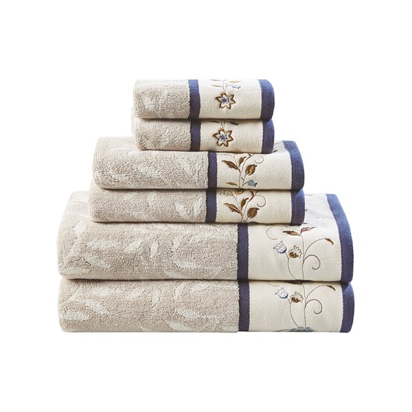 Madison Park Serene Embroidered Cotton Jacquard 6 Piece Towel Set in Navy, 6-Piece MP73-7820 - Image 4