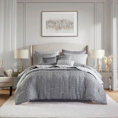 Madison Park Royce 10 Piece Luxury Jacquard Comforter Set in Grey, Queen MP10-8690