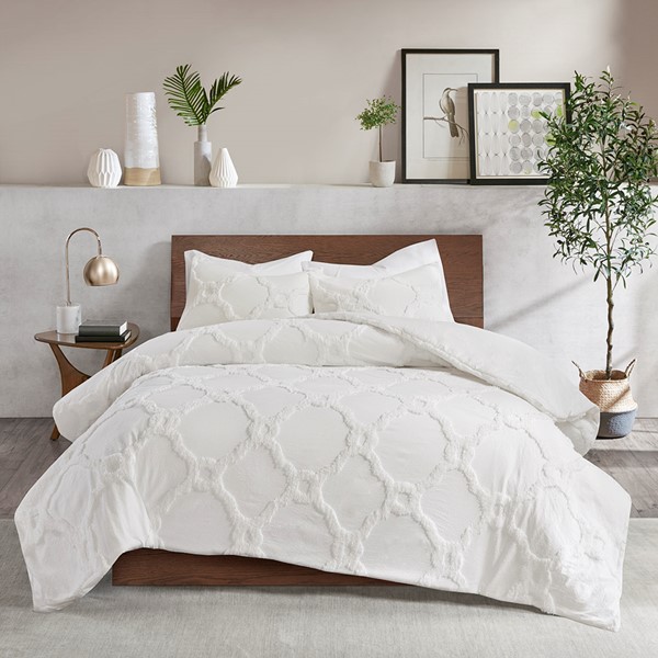 Madison Park Pacey 3 Piece Tufted Cotton Chenille Geometric Duvet Cover Set in Off-White, Full/Queen MP12-5991 - Image 3