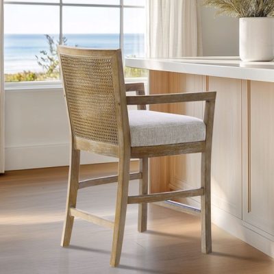 Madison Park Diedra Reclaimed Wood Counter Stool with Natural Rattan Back and Upholstered Seat in Cream/Reclaimed Natural, One Size MP104-1239