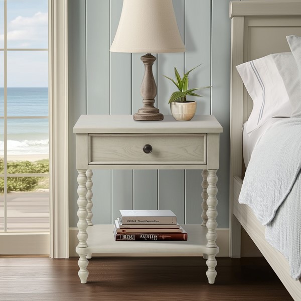 Madison Park Signature Beckett Turned Wood Spindle Nightstand with Drawer & Shelf in Antique Cream, One Size MPS136-0288 - Image 6