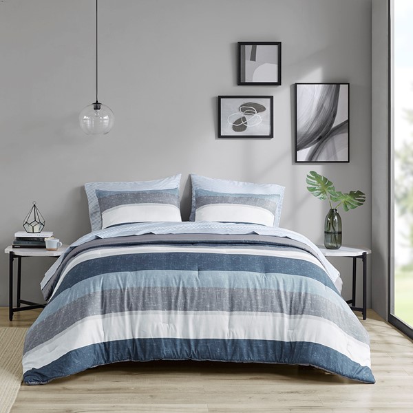 Madison Park Essentials Jaxon Stripe Comforter Set with Bed Sheets in Blue/Grey, King MPE10-988 - Image 3