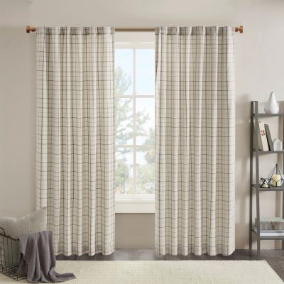 Madison Park Anaheim Plaid Rod Pocket and Back Tab Curtain Panel with Fleece Lining in Natural, 50x95" MP40-6764