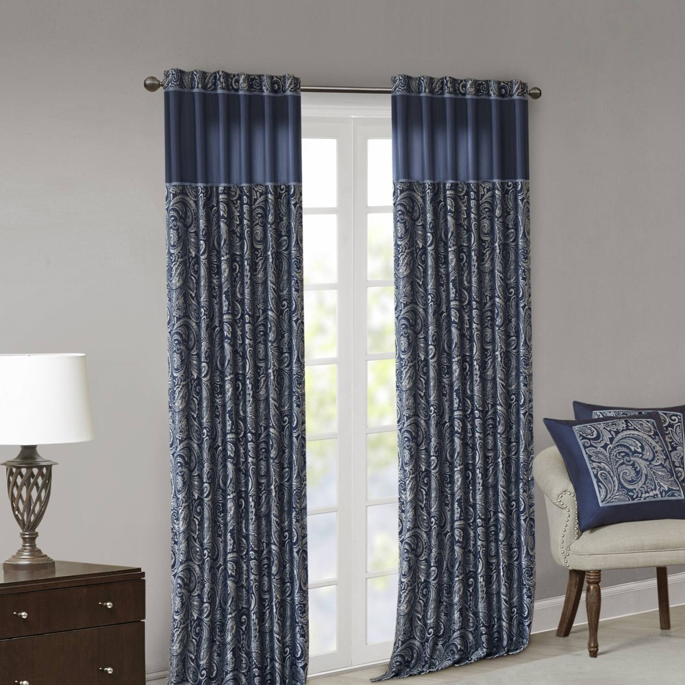 Madison Park Aubrey Jacquard Curtain Panel Pair in Navy, 50x95" MP40-4897 - Image 2