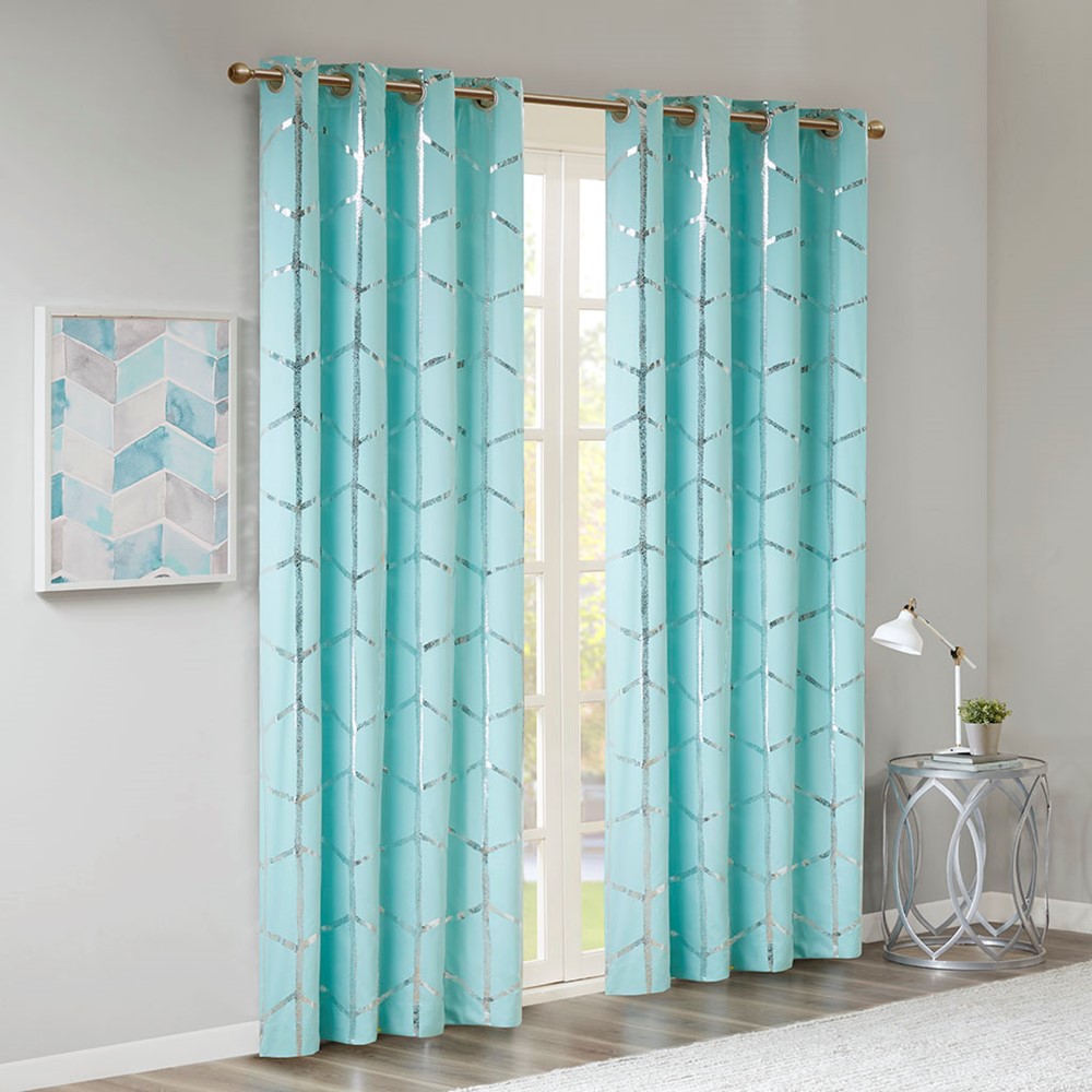 Intelligent Design Raina Total Blackout Metallic Print Grommet Top Curtain Panel in Aqua/Silver, 50x63" ID40-1617 - Image 2