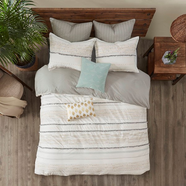 INK+IVY Nea Cotton Printed Duvet Cover Set with Trims in Off White/Gray, King/Cal King II12-1059 - Image 5