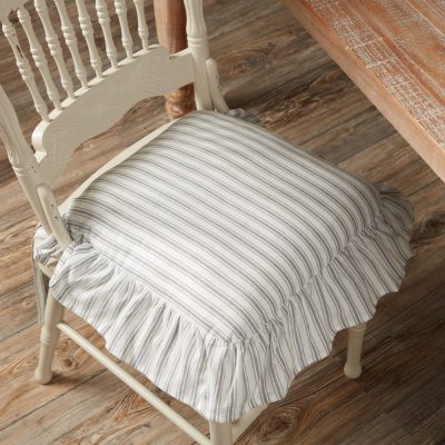 Timeless Ticking Gray Ruffled Chair Pad 16Lx16W