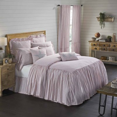 Timeless Ticking Red Ruffled King Bedspread 80Lx76W+27