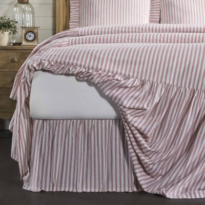 Timeless Ticking Red Ruffled King Bed Skirt 80Lx78Wx16