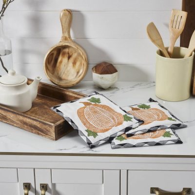 Annie Farmhouse Black Buffalo Check Pumpkin Quilted Cotton Trivet Hot Pad Set of 3 Fall Harvest Kitchen & Table Decor, 8x8
