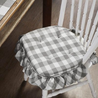 Annie Grey White Ruffled Check Farmhouse Country Chair Pad 15.5x17 - VHC Brands