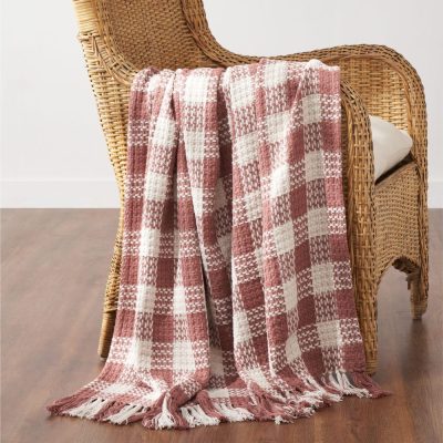 Dusty Rose Woven Check Throw Blanket with Fringe 50x60