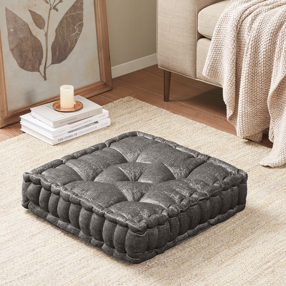 Intelligent Design Azza Poly Chenille Square Floor Pillow Cushion Compress Pack in Charcoal, 20x20" ID31-2475