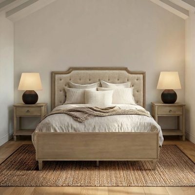 Madison Park Signature Victoria Wood Bed with Upholstered Headboard and Built-In Storage Drawer in Natural, Queen MPS115-0064
