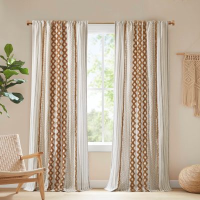 INK+IVY Imani Cotton Printed Curtain Panel with Chenille Stripe and Lining in Terracotta, 50x95" II40-1358