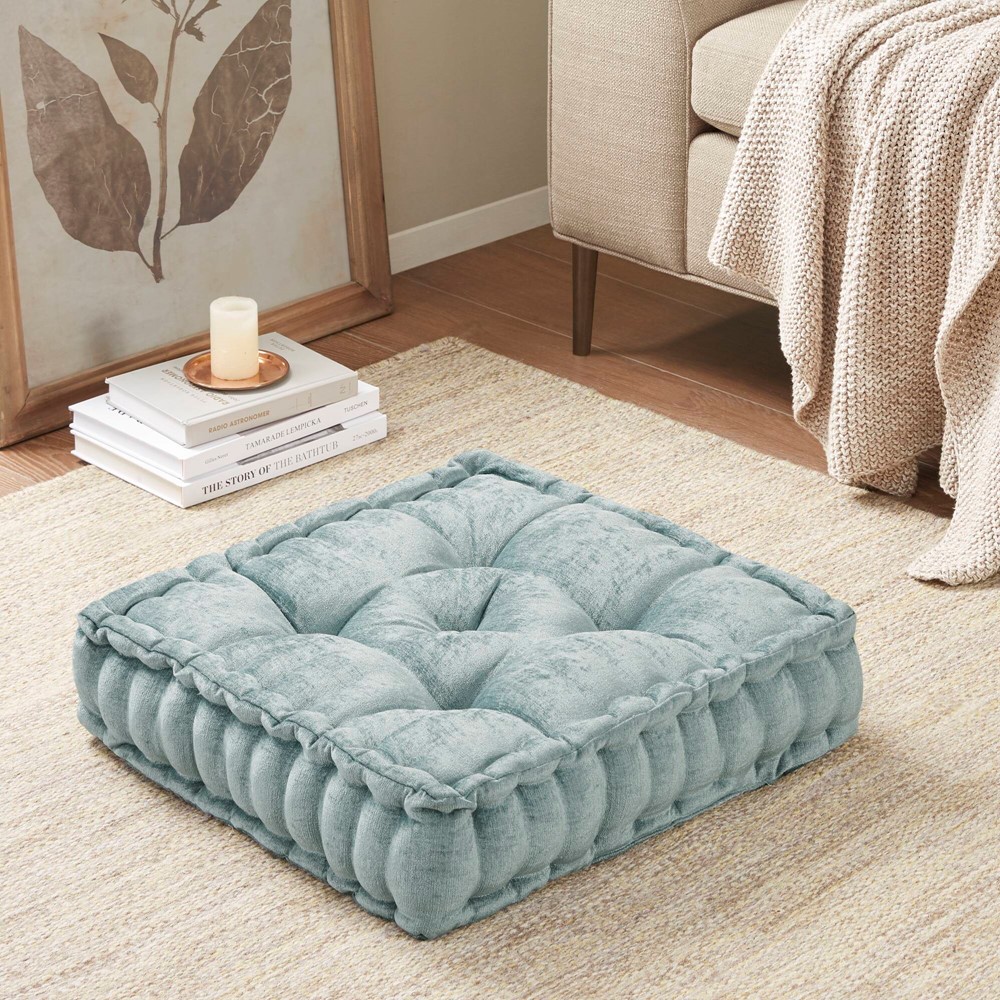 Intelligent Design Azza Poly Chenille Square Floor Pillow Cushion Compress Pack in Aqua, 20x20" ID31-2474