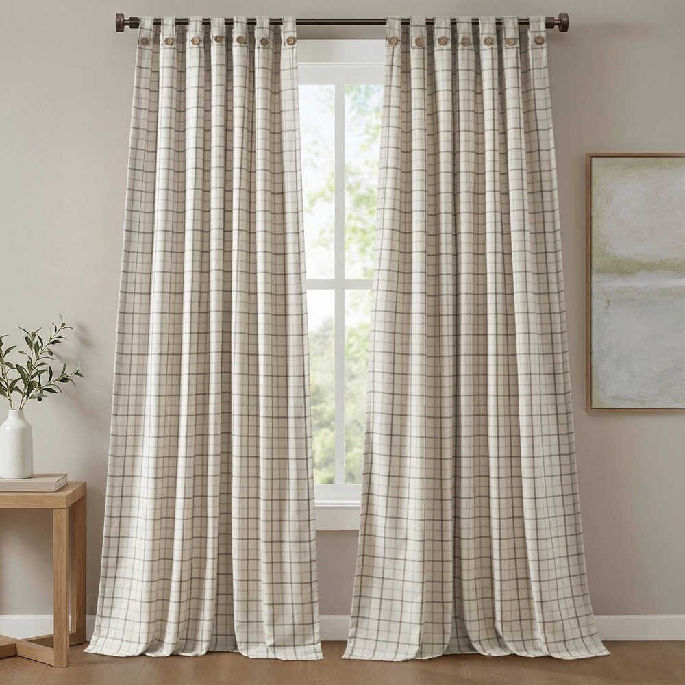 Madison Park Anaheim Plaid Rod Pocket and Back Tab Curtain Panel with Fleece Lining in Neutral, 50x84" MP40-9068