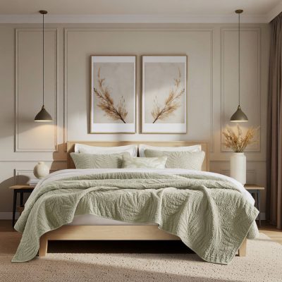 Harbor House Botanical Leaves 3 Piece Cotton Quilt Set in Sage, King HHD14-1965
